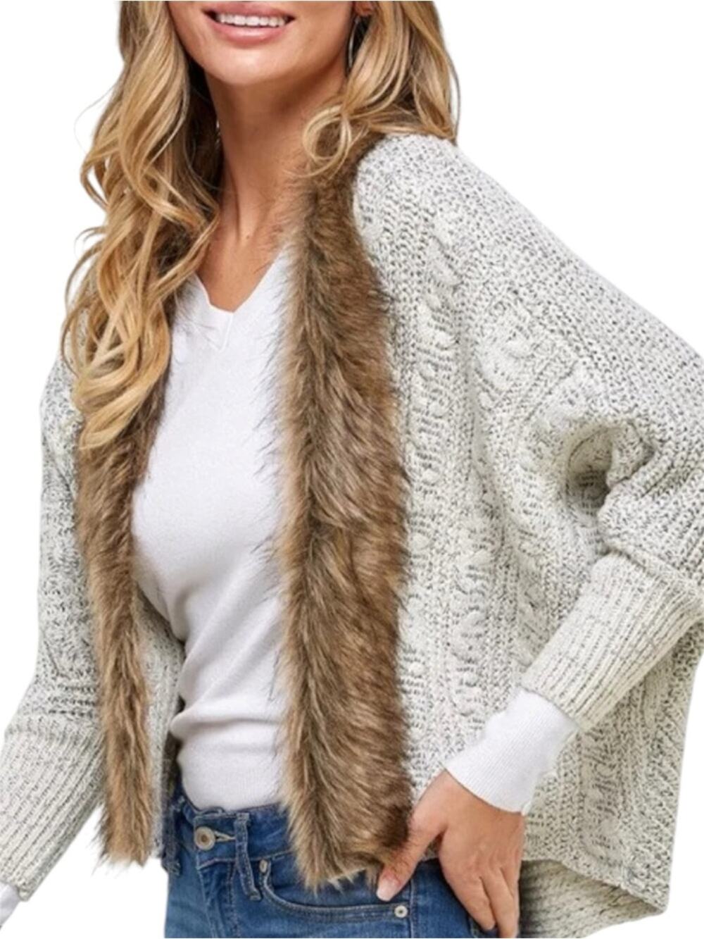 A. Gain Wool Blend Faux Fur Trim Cardigan S/M Lace Up Dolman Sweater Cream